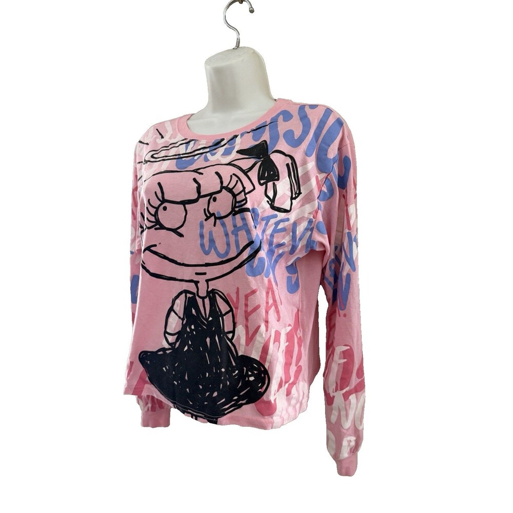 Nickelodeon Rugrats Girls Long Sleeve Graffiti Crop Pink T-Shirt Size Large